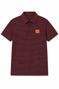 A short-sleeve polo shirt with thin horizontal navy and burgundy stripes, featuring a small orange and white Auburn Tigers logo on the left chest, displayed on a clean white background.