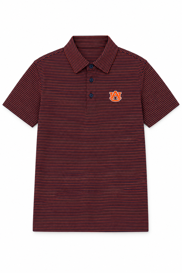 A short-sleeve polo shirt with thin horizontal navy and burgundy stripes, featuring a small orange and white Auburn Tigers logo on the left chest, displayed on a clean white background.