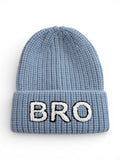 Blue knit beanie with a folded brim, featuring the word "BRO" in white text.