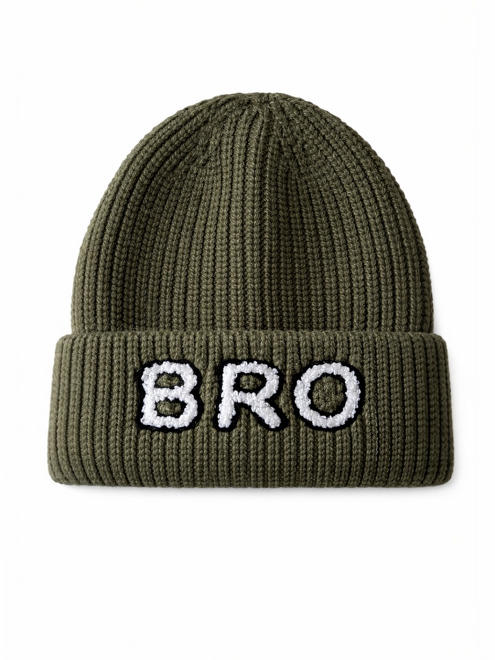 Olive green knit beanie with white "BRO" embroidery on the front.