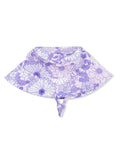 Purple floral sun hat with a wide brim and ties, featuring intricate flower patterns. Ideal for sun protection.