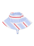 Multicolored striped bucket hat in blue, white, and red, featuring a chin strap for secure fit.