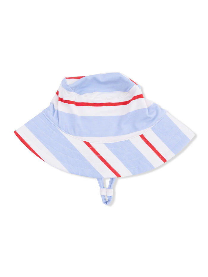 Multicolored striped bucket hat in blue, white, and red, featuring a chin strap for secure fit.