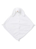 White bunny-themed security blanket with soft fabric and floppy ears. Ideal for infants and toddlers.
