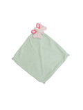 Mint green security blanket with a butterfly plush toy attached at the top corner.