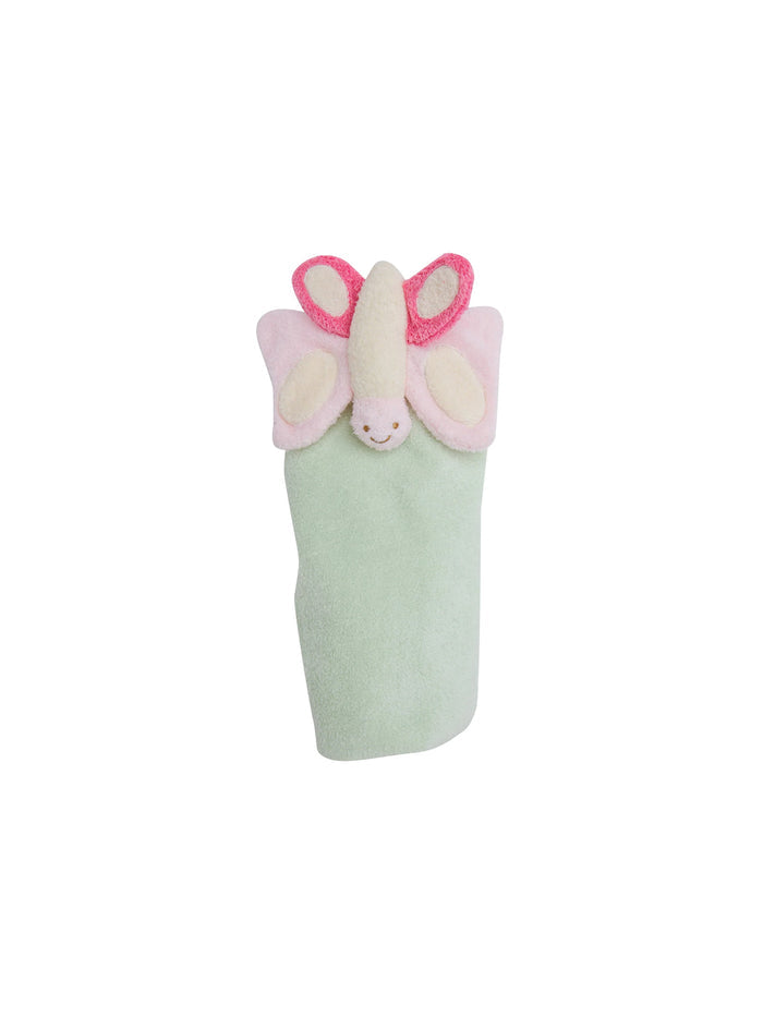 Green towel with pink and white butterfly design and smiling face, perfect for kids' bath time.