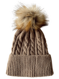 Knitted brown beanie hat with a fluffy pom-pom on top, perfect for winter wear.