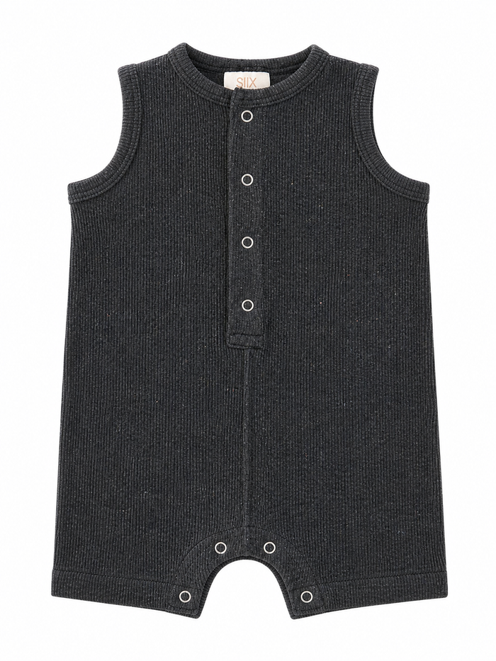 Gray sleeveless baby romper with button closure and small leg openings. Ideal for comfort and play.