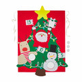 Colorful Christmas tree decoration featuring Santa, a snowman, and a reindeer holding numbered signs.