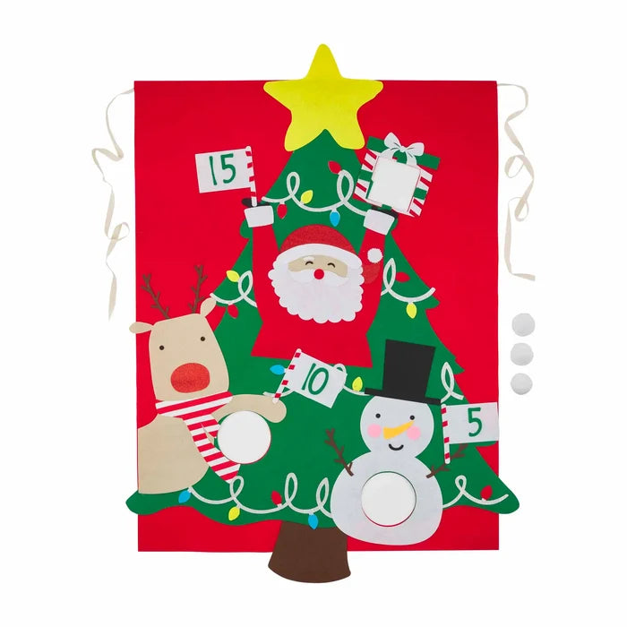 Colorful Christmas tree decoration featuring Santa, a snowman, and a reindeer holding numbered signs.