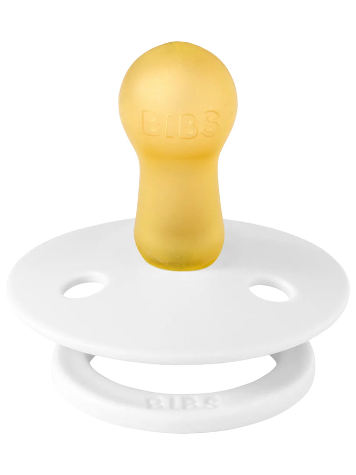 BIBS pacifier with a round yellow nipple and white shield, designed for comfort and soothing infants.