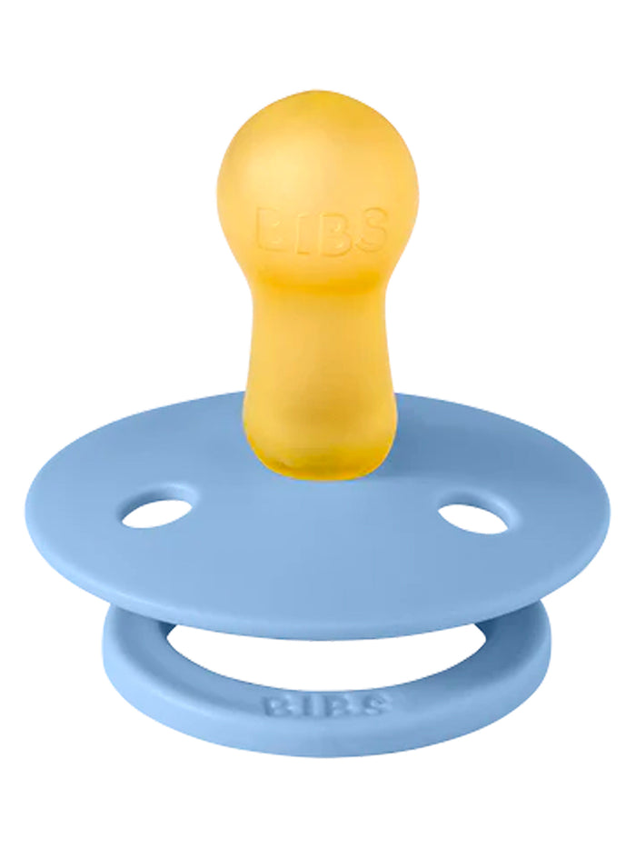 Yellow pacifier with a blue shield, designed for infants, featuring the brand "BIBS" on the nipple and guard.