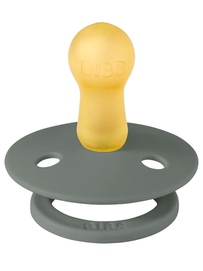 Gray silicone pacifier with a round, yellow teat, designed for infants and featuring the brand name "BIBS."