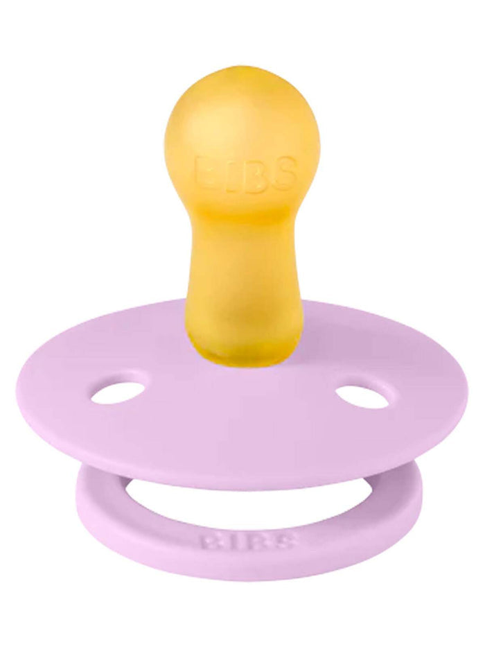 Purple pacifier with a yellow nipple, featuring the brand name "BIBS" embossed on the handle.