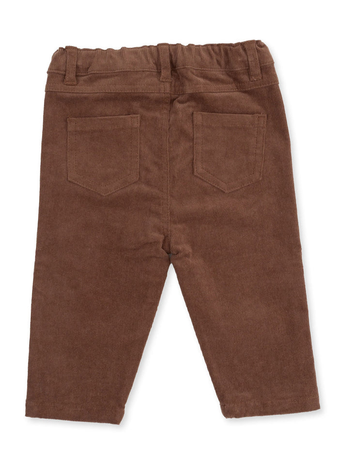Brown corduroy pants with a stretchy waistband and two back pockets, viewed from the back.