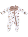 White baby onesie with a brown collar featuring playful horse-themed illustrations.