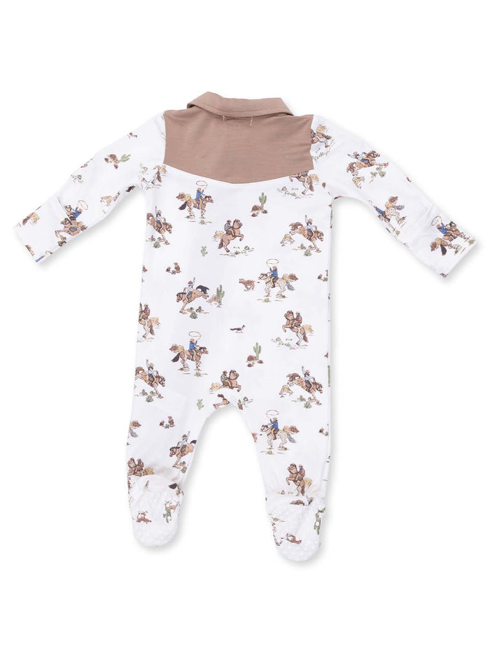 Baby onesie with cowboy print, long sleeves, and a brown collar, featuring a playful western theme.