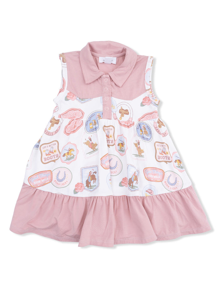 Girls' sleeveless dress with pink collar, featuring a playful rodeo-themed print and ruffled skirt.
