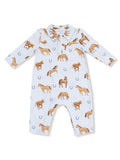 Blue long-sleeve romper with horse prints and horseshoe motifs, designed for babies.