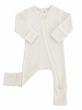 Light gray baby onesie with zipper, ribbed texture, and cuffed sleeves and legs. Perfect for comfort and ease.