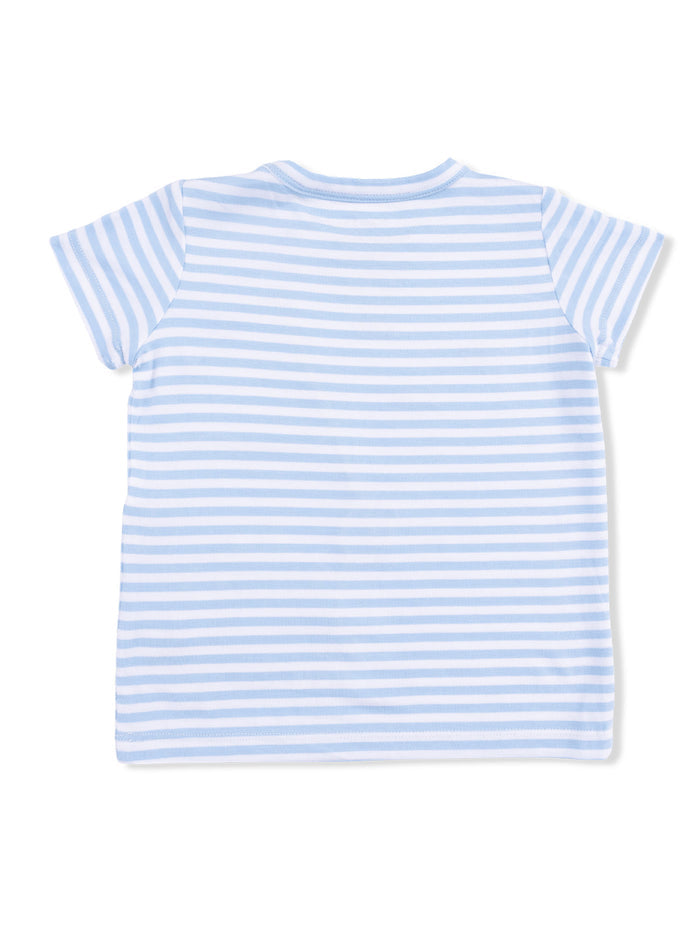 Back view of a short-sleeve, light blue striped t-shirt for children.