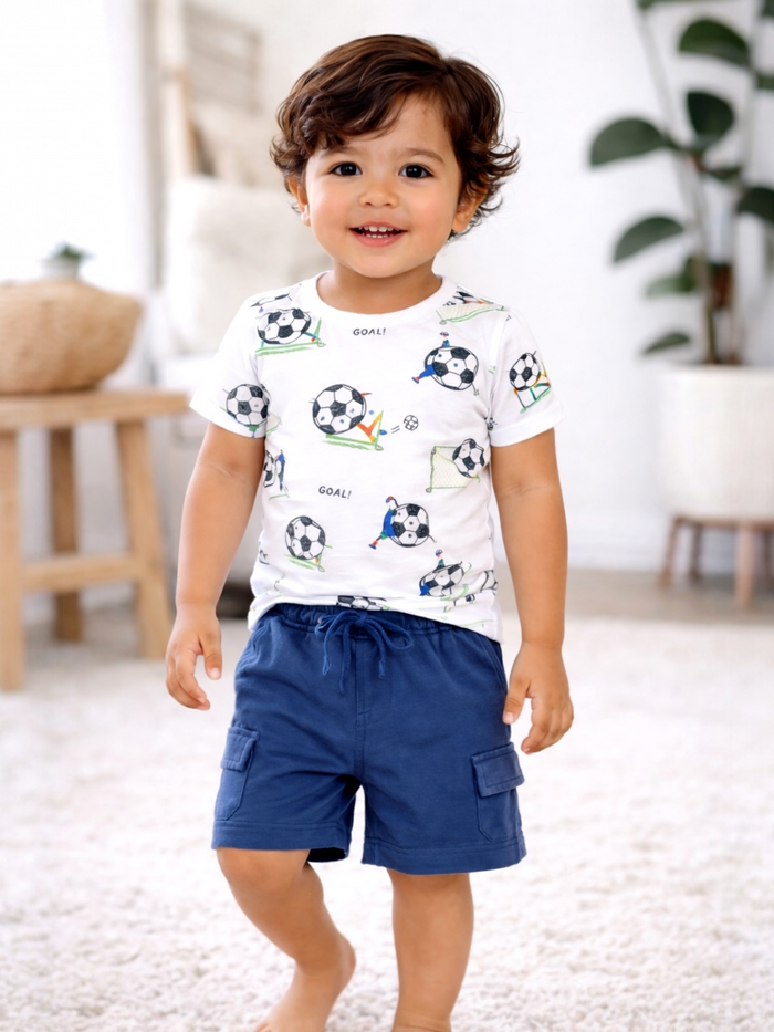 Smiling toddler in a soccer-themed shirt and shorts, standing on a soft carpeted floor.