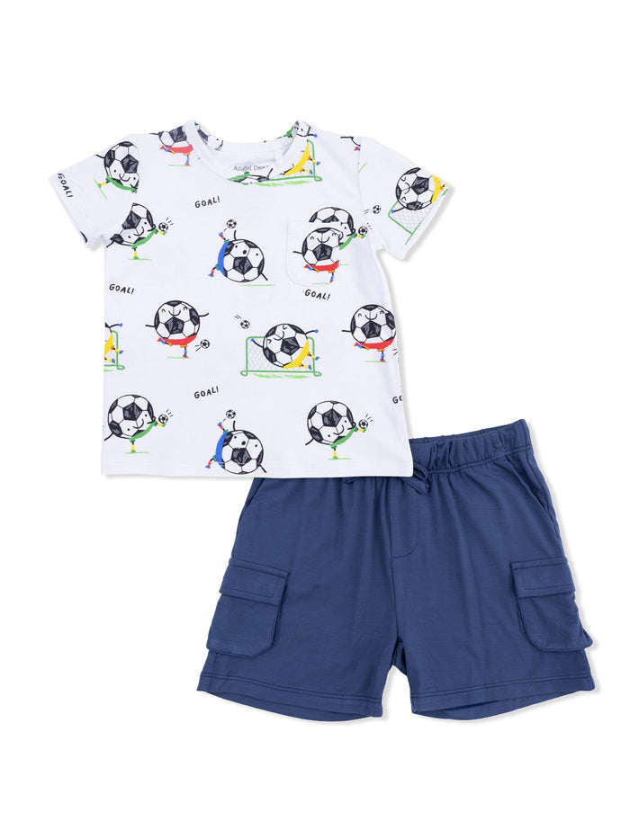 Kids' soccer-themed outfit featuring a printed t-shirt and navy shorts, perfect for active play.