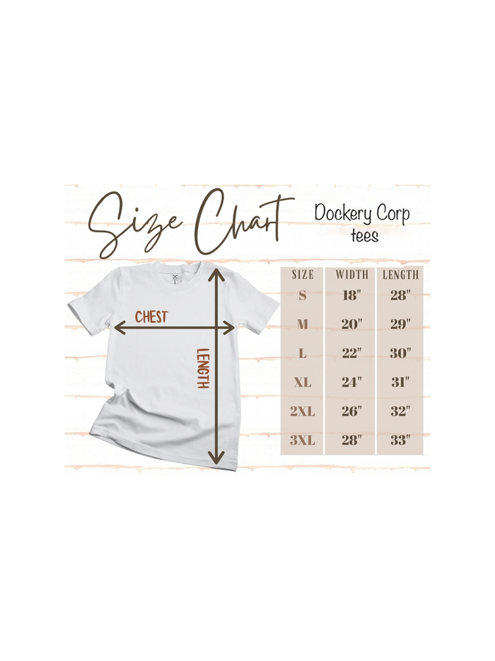 Size chart for Dockery Corp tees displaying sizes S to 3XL with width and length measurements.