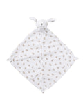 Soft, white baby blanket with tan spots and a bunny head, perfect for comfort and cuddles.