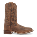 Brown cowboy boot with intricate leatherwork on a white background