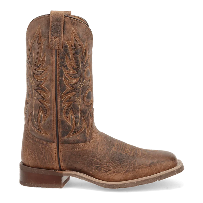 Brown cowboy boot with intricate leatherwork on a white background
