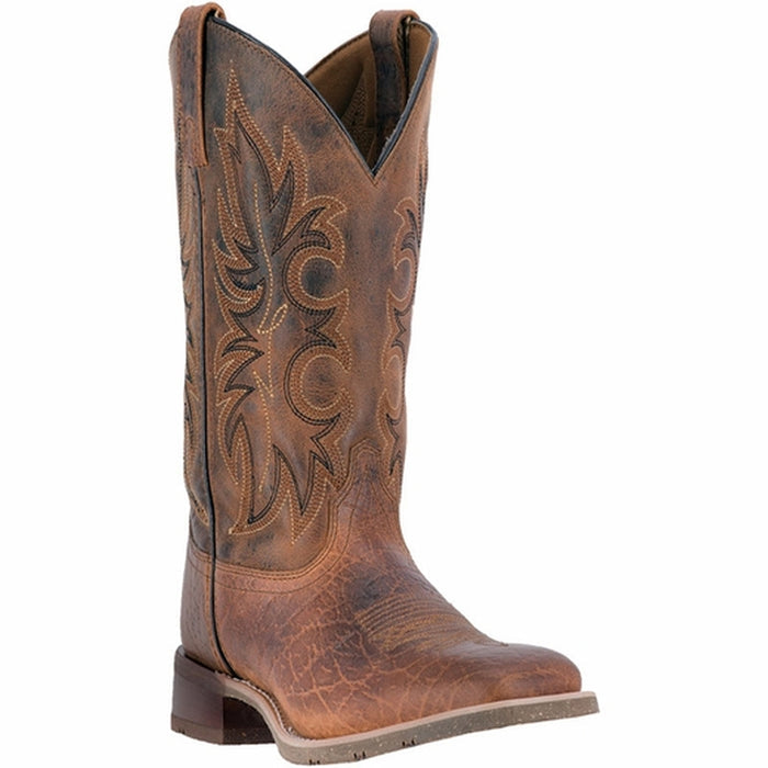 Brown cowboy boot with intricate leatherwork on a white background