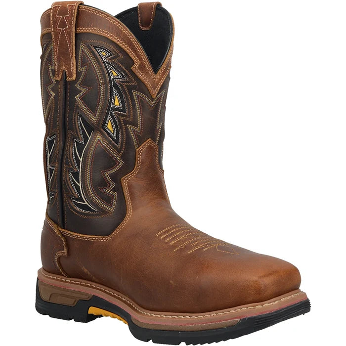 Brown cowboy boot with intricate stitching on a white background