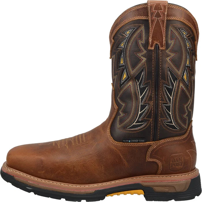 Brown cowboy boot with intricate stitching on a white background