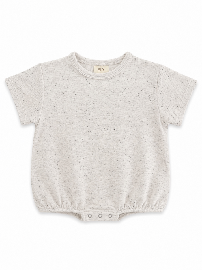 Light gray baby t-shirt with short sleeves and snap closure at the bottom, featuring a speckled design.