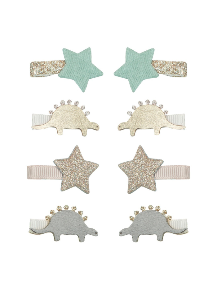 Set of hair clips featuring mint green stars and sparkly dinosaur designs in gold and silver.