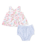 Floral children's dress with matching blue gingham bloomers, perfect for warm weather.