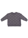 Gray cropped sweatshirt with white lightning bolt patterns on the front, featuring long sleeves and a round neckline.