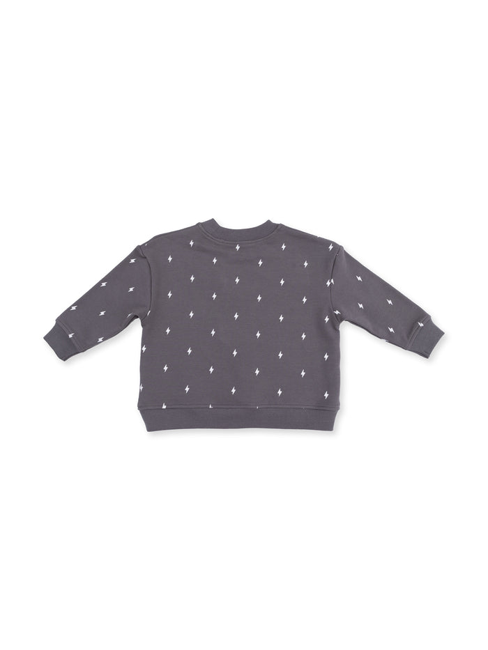 Gray sweatshirt for children with white lightning bolt patterns on the back. Cozy and stylish design.