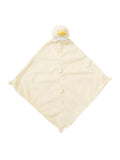 Soft yellow security blanket with a smiling duck head and rounded corners. Ideal for comfort and cuddling.