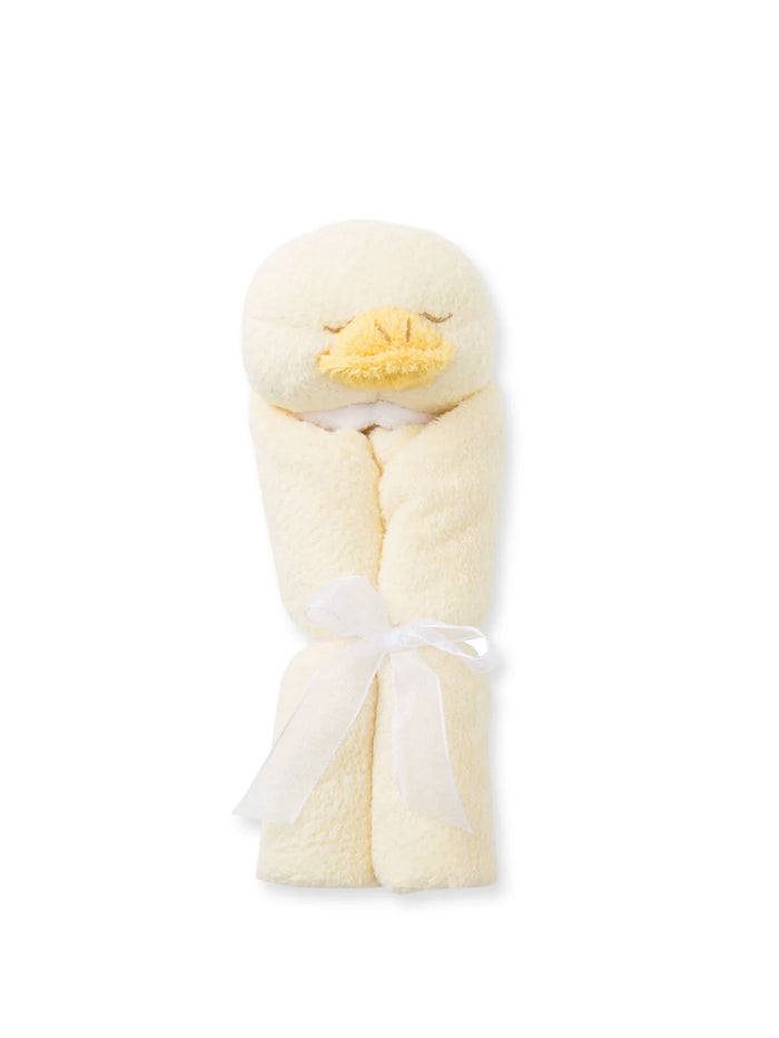 Soft yellow duck-shaped bathrobe with a tie, perfect for kids.
