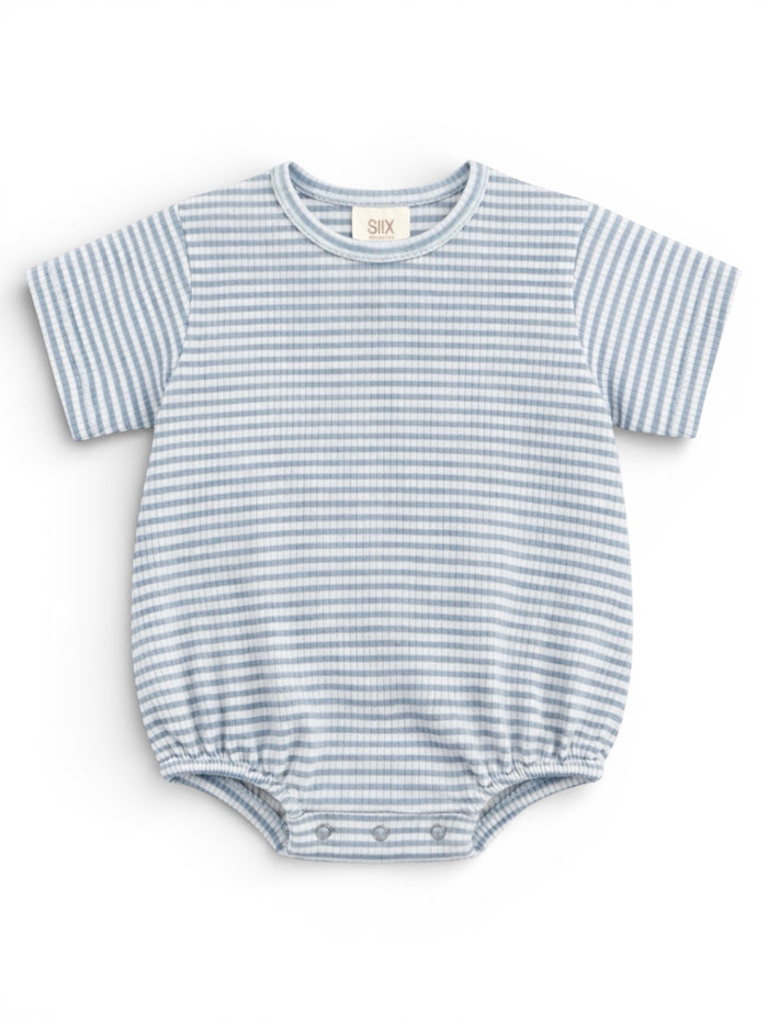 Light blue striped baby romper with short sleeves and snap closures at the bottom.