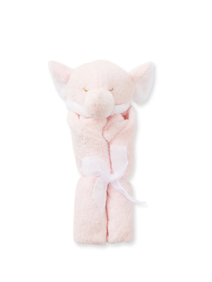 Soft pink elephant plush toy wrapped in a cozy blanket, tied with a ribbon. Ideal for comfort and cuddling.