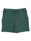 Green children's shorts with a drawstring and two front pockets. Casual and comfortable design for warm weather.