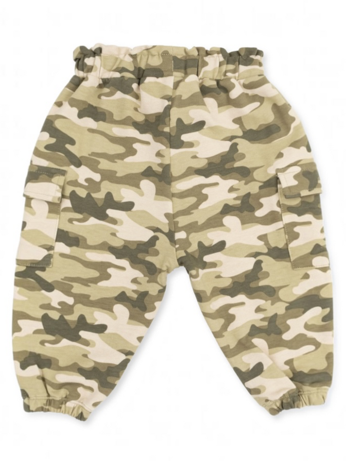 Child-sized camo cargo pants in shades of green and beige, featuring elastic waistband and side pockets.