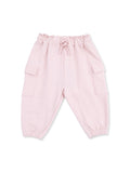 Light pink jogger pants with elastic waistband and side pockets. Ideal for casual or comfortable wear.