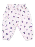 Light pink floral pants with purple flowers and an elastic waistband, designed for comfort and style.