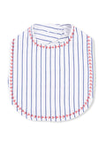 Striped baby bib with blue lines and red embroidered trim, designed for mealtime protection and style.