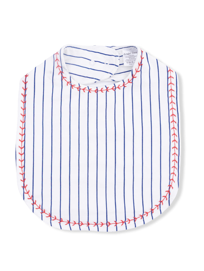 Striped baby bib with blue lines and red embroidered trim, designed for mealtime protection and style.