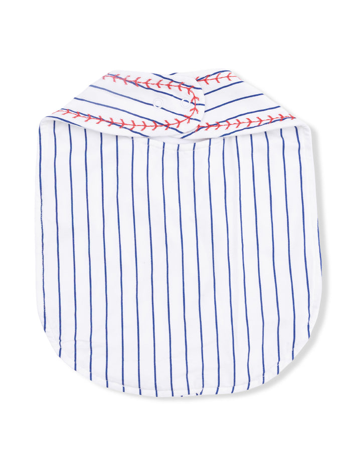 White shirt with blue stripes and red stitching on the collar, styled for a sporty look.